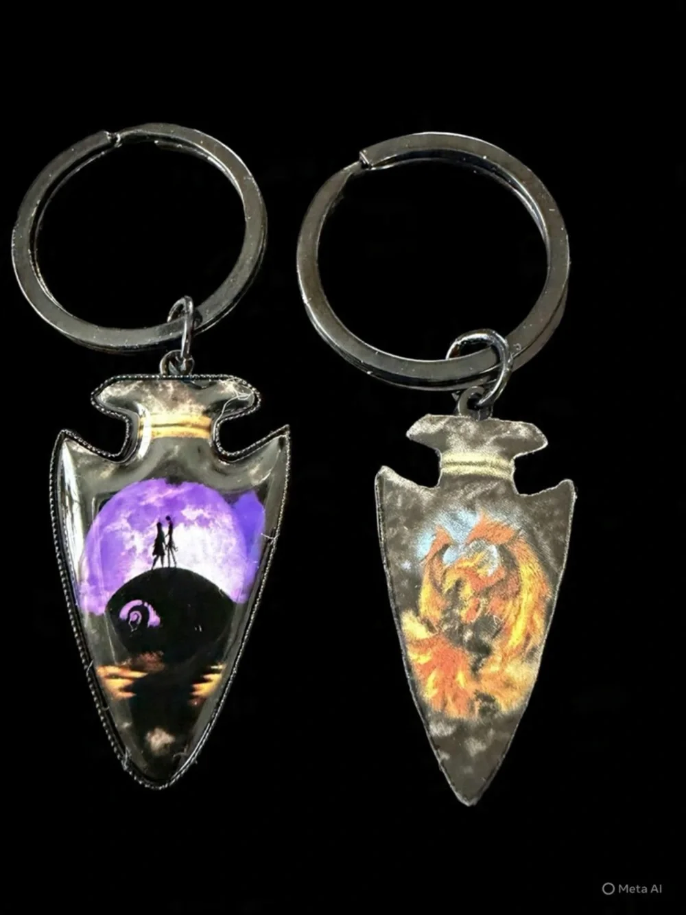 Arrowhead Keychain Pair with Purple Moon & Fiery Wolf Artwork